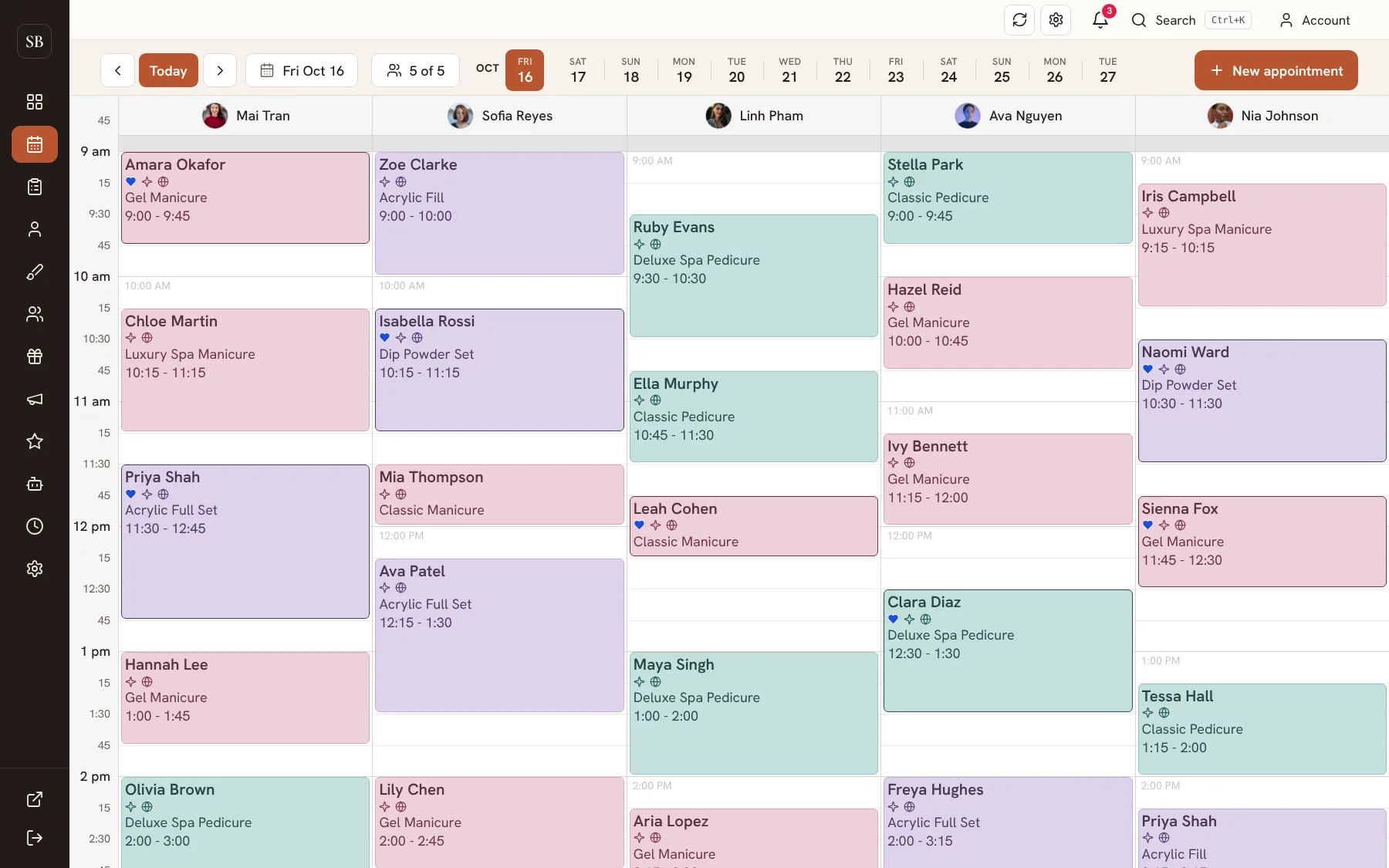 The Sammy Booking calendar on a busy Friday, with five nail technicians' appointments laid out side by side